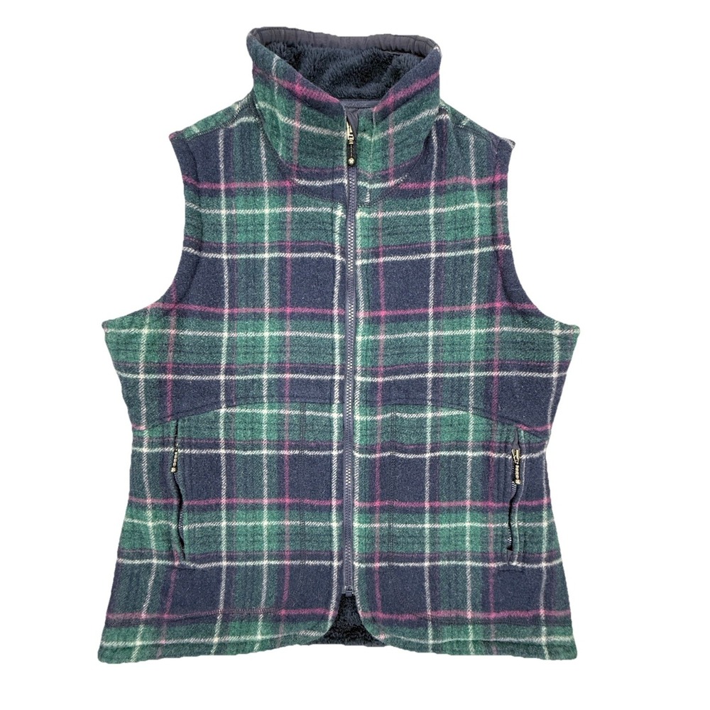 Woolrich Vest Women's Medium Green Blue Plaid Jacket Zip Pockets Wool Sherpa